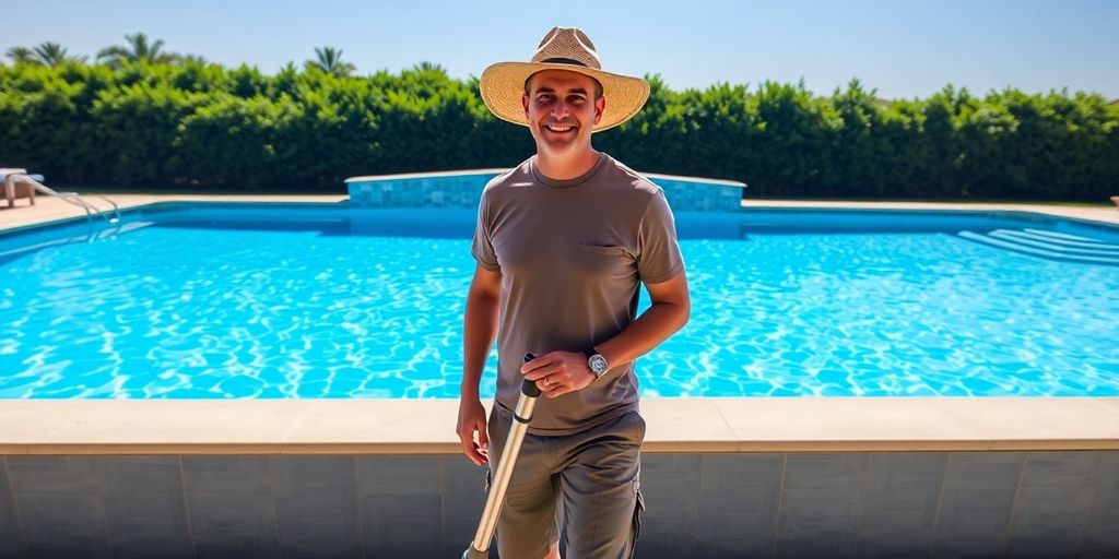 Bloke vacuuming pool, true blue Aussie style, mate.