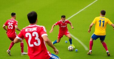 Soccer players on field during an offside play.