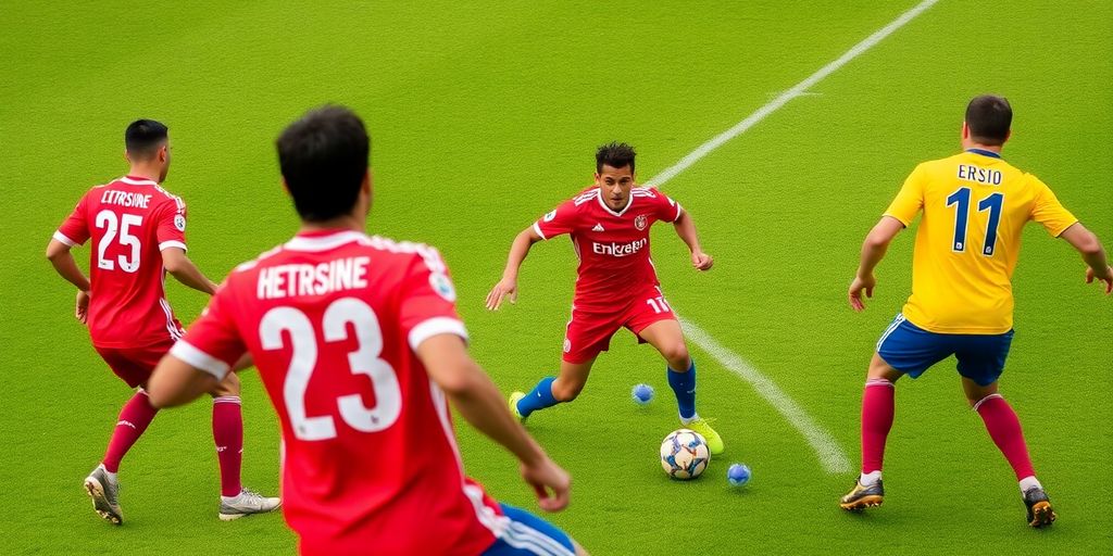 Soccer players on field during an offside play.