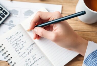 Hand with pencil over notebook and calculator on table.