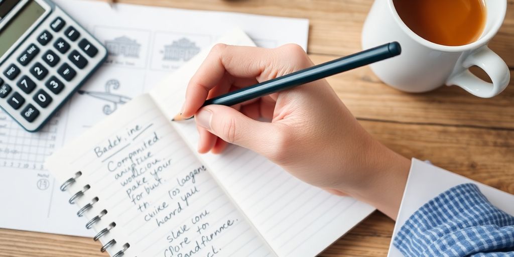 Hand with pencil over notebook and calculator on table.