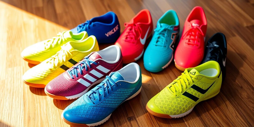 Indoor soccer shoes in various styles and colours.