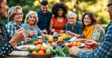Diverse group sharing a meal outdoors, highlighting food poverty.