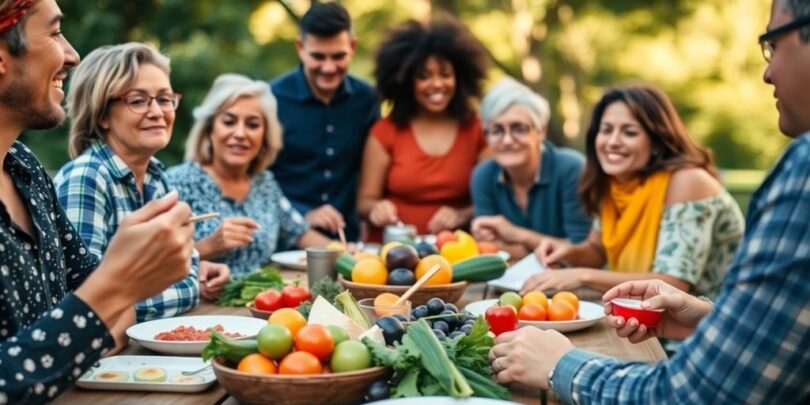 Diverse group sharing a meal outdoors, highlighting food poverty.