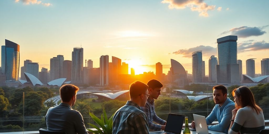 Sydney skyline with innovative startups collaborating in 2025.