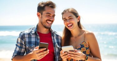 Aussie couple laughing, holding phones, beach backdrop.