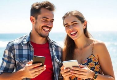 Aussie couple laughing, holding phones, beach backdrop.