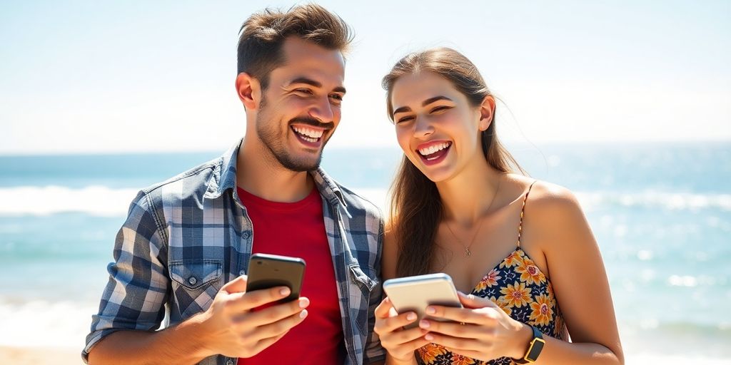 Aussie couple laughing, holding phones, beach backdrop.