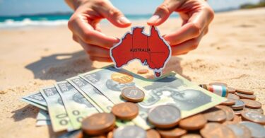 Aussie money, sunny beach, person smiling.