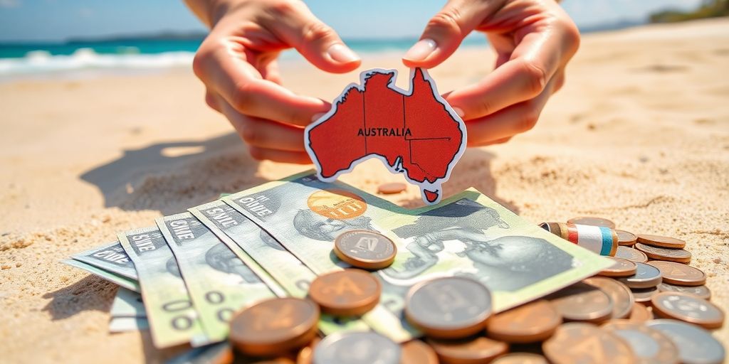 Aussie money, sunny beach, person smiling.