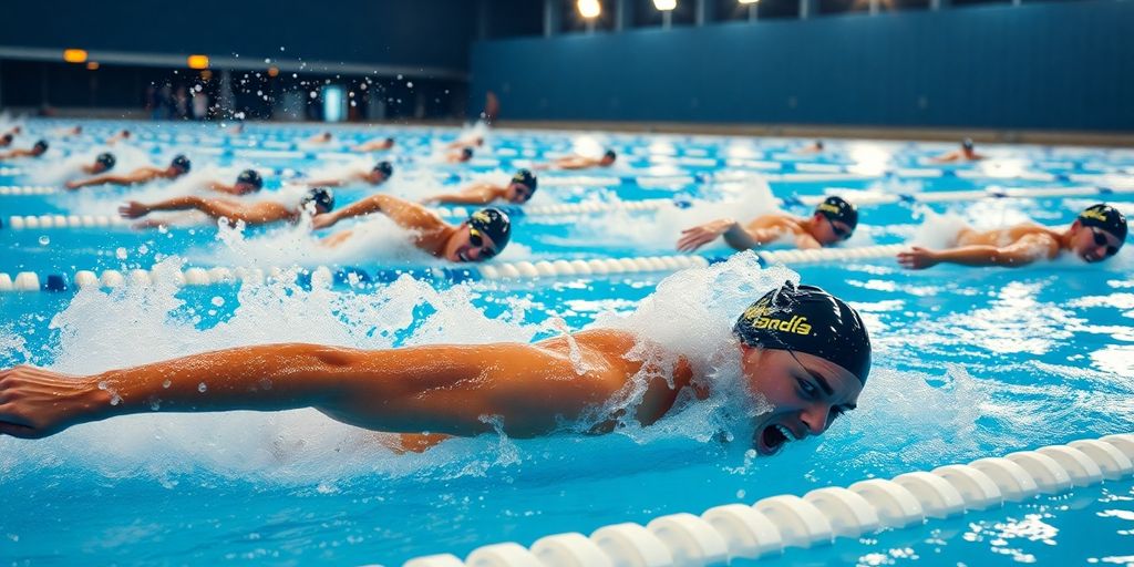 Swimmers racing in a sparkling blue pool.