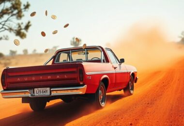 Aussie ute making U-turn, coins scattering.
