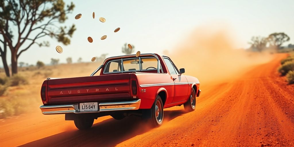 Aussie ute making U-turn, coins scattering.