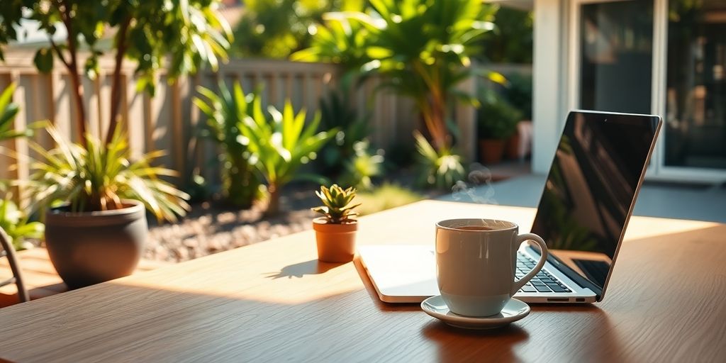 Aussie backyard entrepreneur's setup, laptop, coffee, sun.