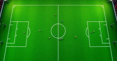 Soccer players on field, strategic positions.