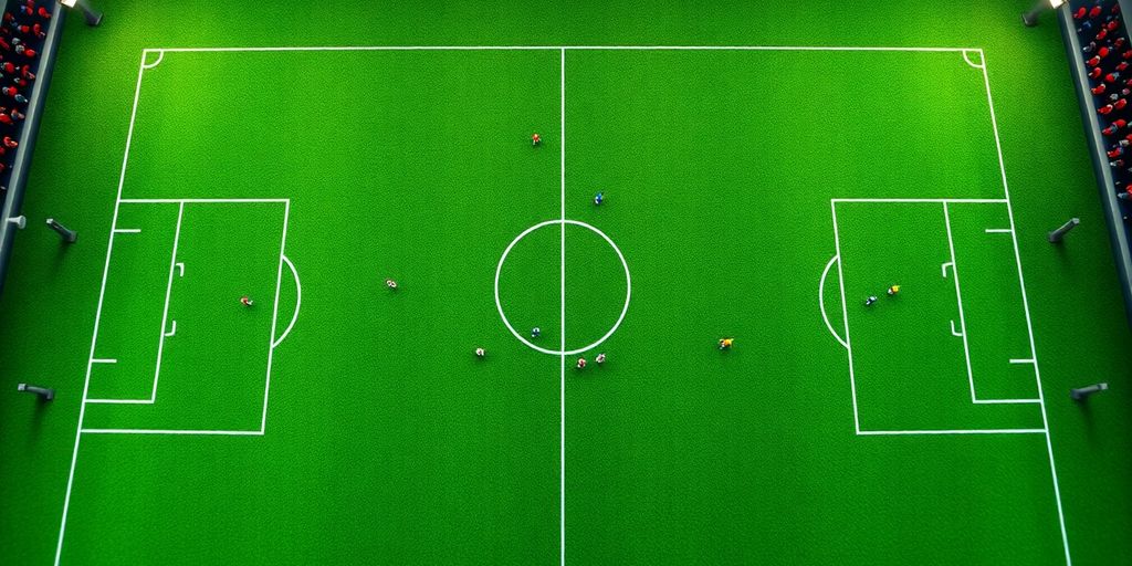 Soccer players on field, strategic positions.