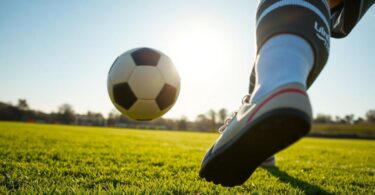 Aussie Rules player kicks footy towards goalposts.