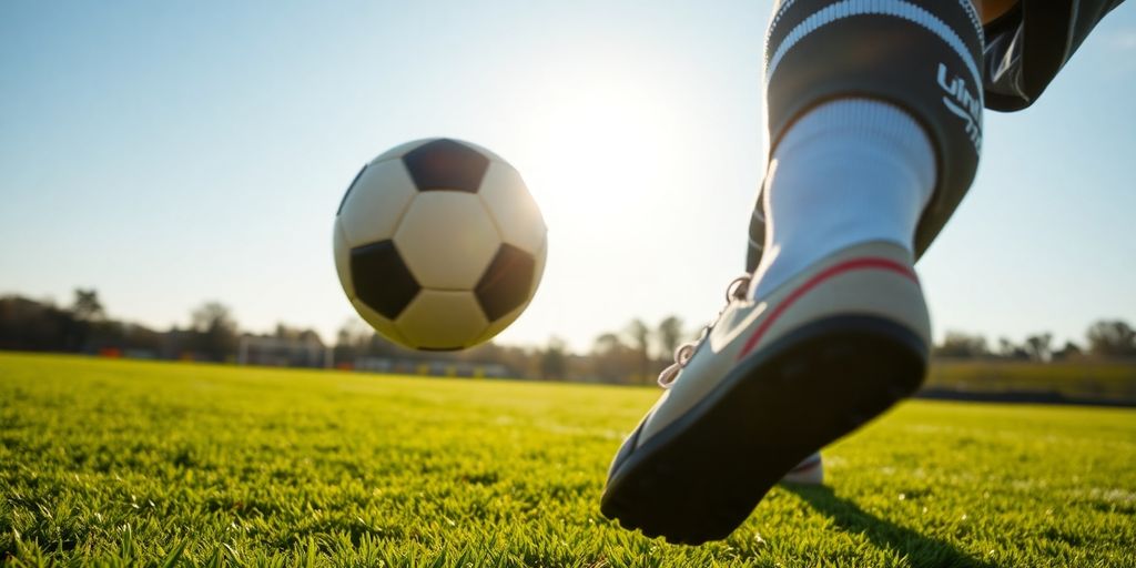 Aussie Rules player kicks footy towards goalposts.