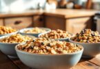Bowls of local Aussie cereals on a rustic table.