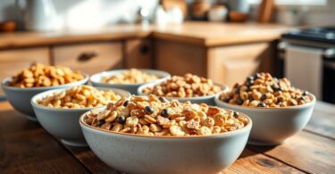 Bowls of local Aussie cereals on a rustic table.
