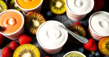 Assorted Australian yoghurts, vibrant fruits, and a spoon.
