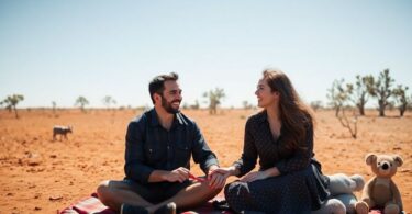 Happy Aussies on outback dating adventure.