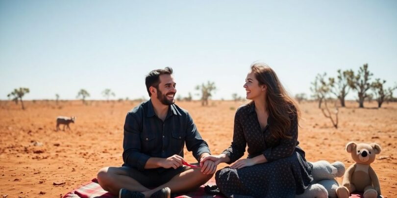 Happy Aussies on outback dating adventure.