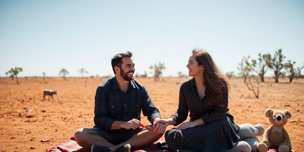 Happy Aussies on outback dating adventure.