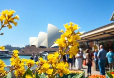 Golden wattle, Sydney Opera House, bustling market.