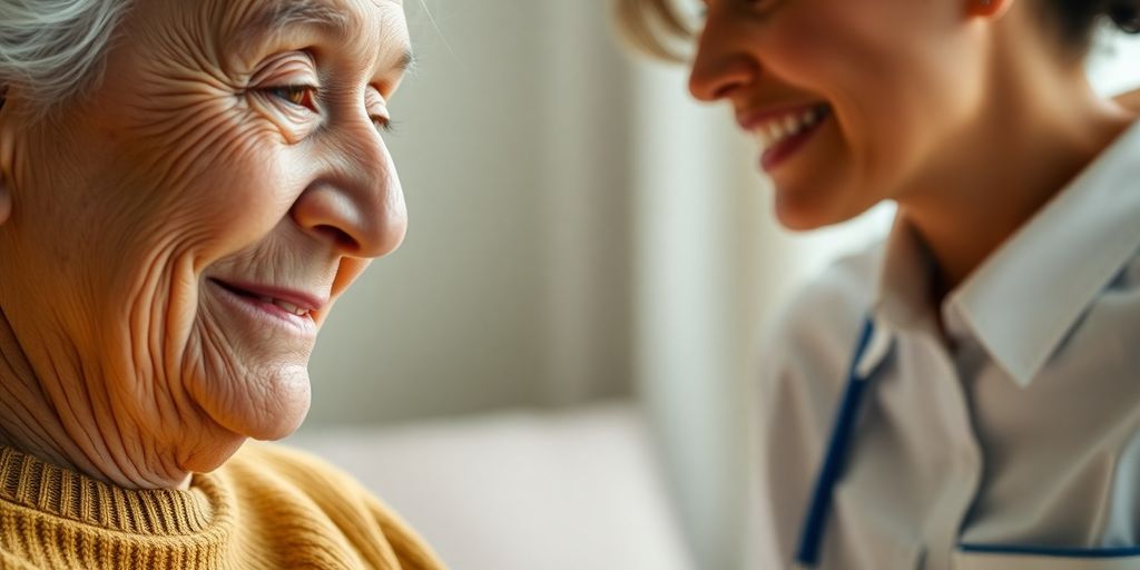 Elderly person talking with aged care assessor.