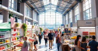 Bright, modern wellness expo with healthy products.