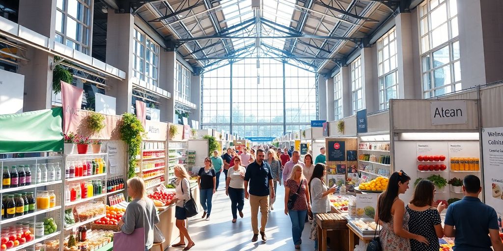 Bright, modern wellness expo with healthy products.