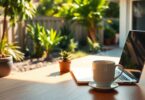 Aussie backyard entrepreneur's setup, laptop, coffee, sun.