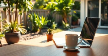 Aussie backyard entrepreneur's setup, laptop, coffee, sun.
