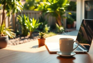 Aussie backyard entrepreneur's setup, laptop, coffee, sun.