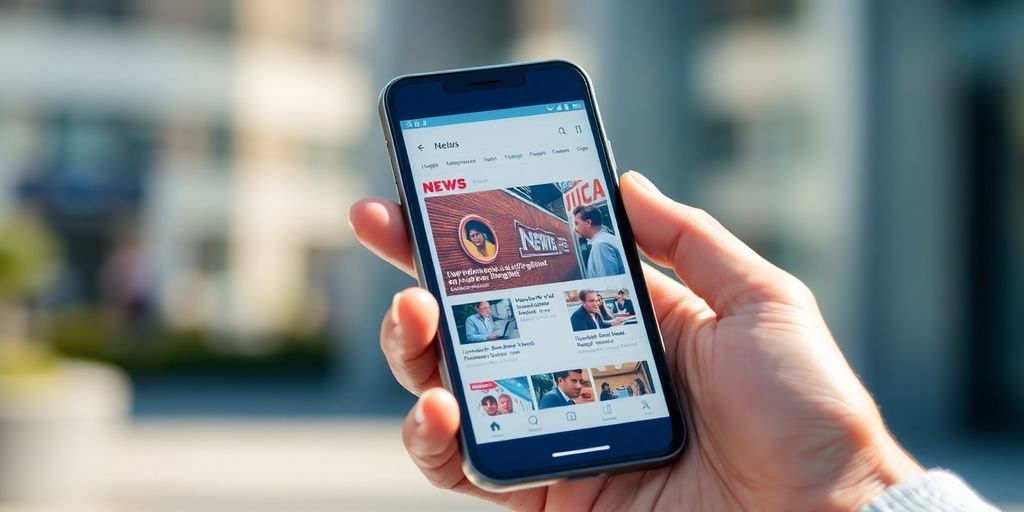 Bloke with smartphone, digital news.