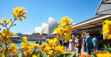 Golden wattle, Sydney Opera House, bustling market.
