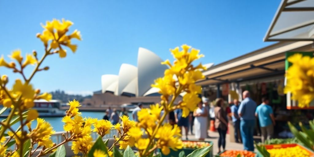 Golden wattle, Sydney Opera House, bustling market.