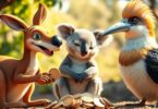 Kangaroo, koala, and kookaburra saving coins.