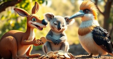 Kangaroo, koala, and kookaburra saving coins.