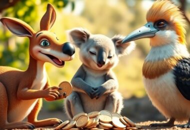 Kangaroo, koala, and kookaburra saving coins.