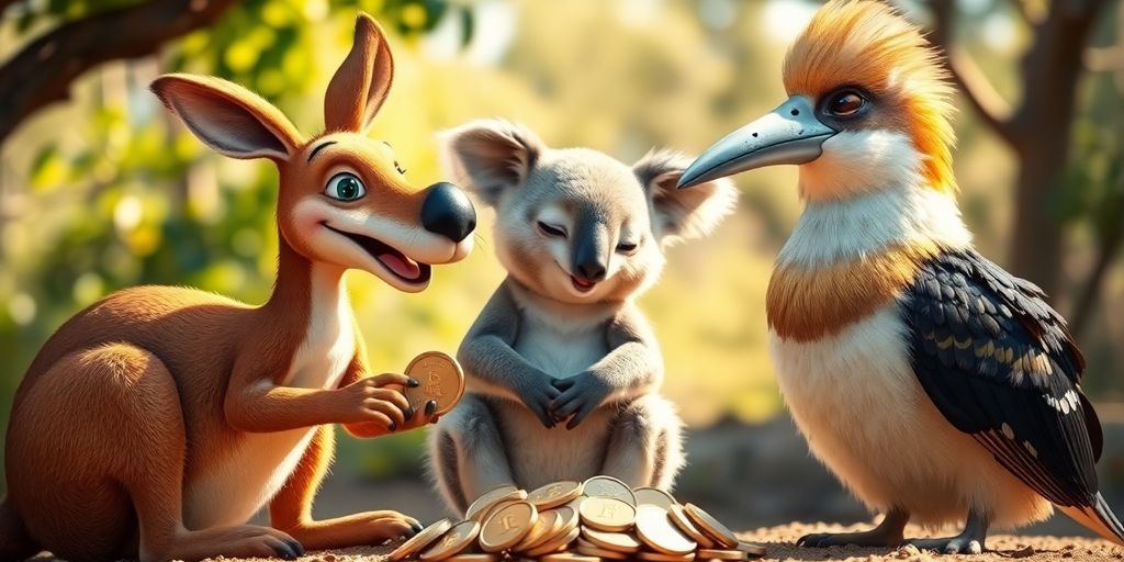 Kangaroo, koala, and kookaburra saving coins.