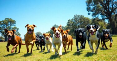 Happy Aussie dogs playing.