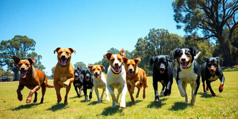 Happy Aussie dogs playing.