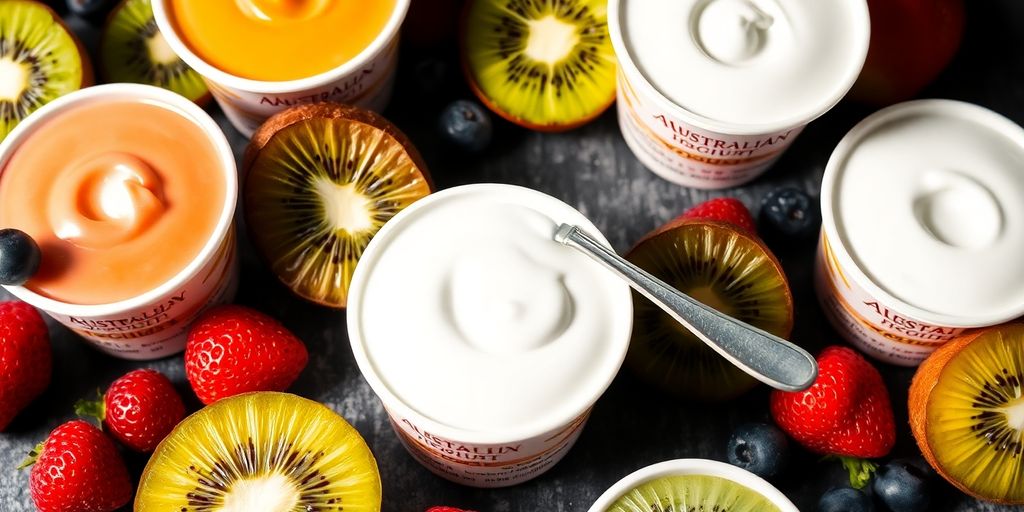 Assorted Australian yoghurts, vibrant fruits, and a spoon.