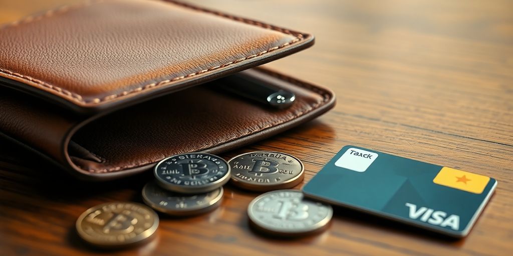 Empty wallet, Aussie coins, bank card close-up.