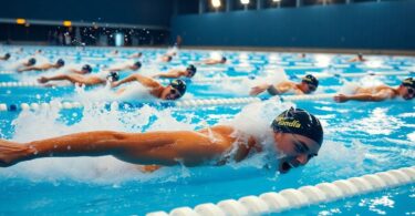 Swimmers racing in a sparkling blue pool.