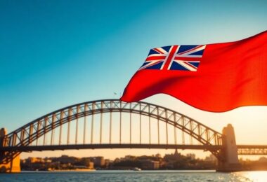 Aussie flag and Sydney Harbour Bridge.