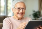 Elderly person using a tablet, smiling.