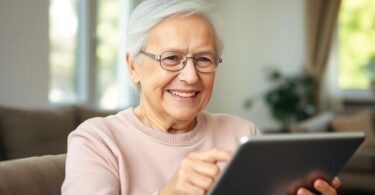 Elderly person using a tablet, smiling.